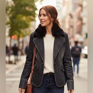 Vintage bebe Dark Wash Denim Jacket lace pocket detail.